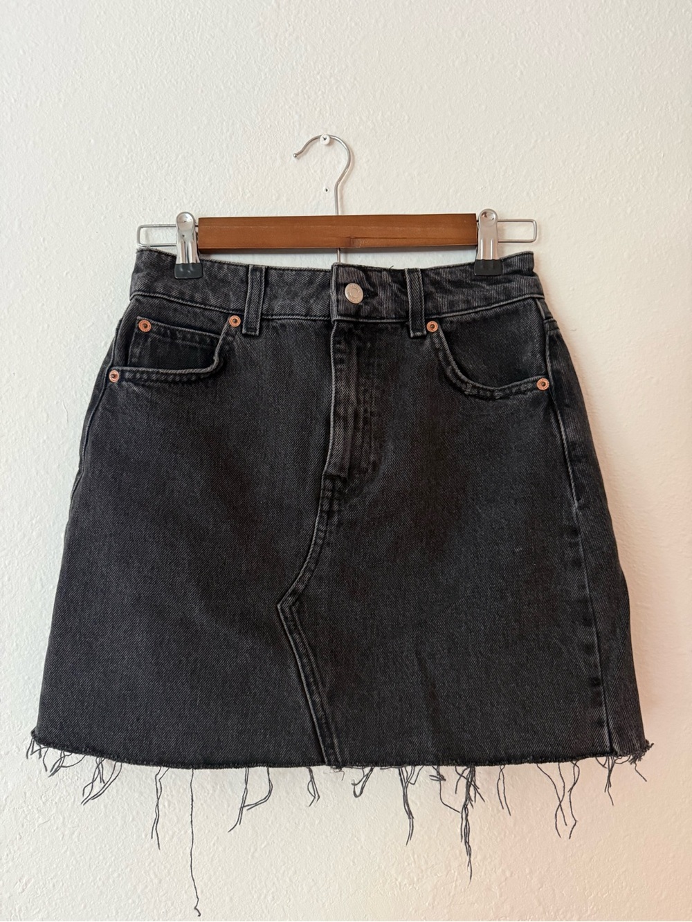 Topshop Black Washed Denim Mini Skirt with Frayed Hem